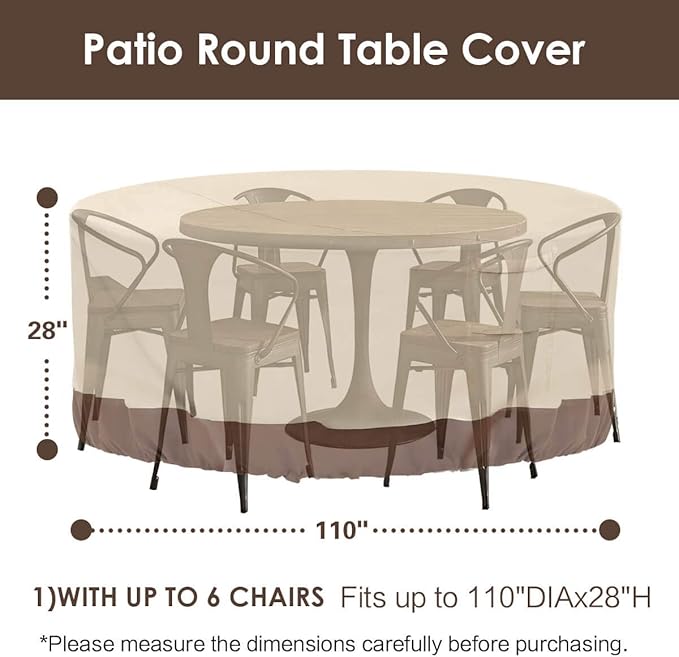 Vailge Round Patio Furniture Covers, 100% Waterproof Outdoor Table Chair Set Covers, Anti-Fading Cover for Outdoor Furniture Set, UV Resistant (Beige&brown, 110"DIAx28"H)