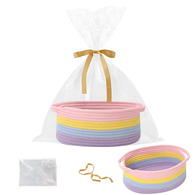Gift Basket with Gift Bag and Ribbons,Small Rope Woven Shelf Storage,Baskets for Gifts Empty,Birthday,Baby Shower,Decorative Organizer Box with Handles(Rainbow Pastel)