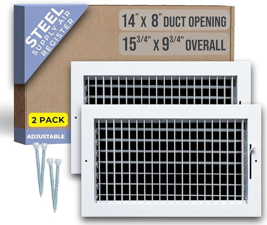 [2 Pack] Fits 14x8 Duct Opening Steel Adjustable Air Supply Grille by Handua | Register Vent Cover Grill for Sidewall and Ceiling | White | Outer Size: 15.75" X 9.75"