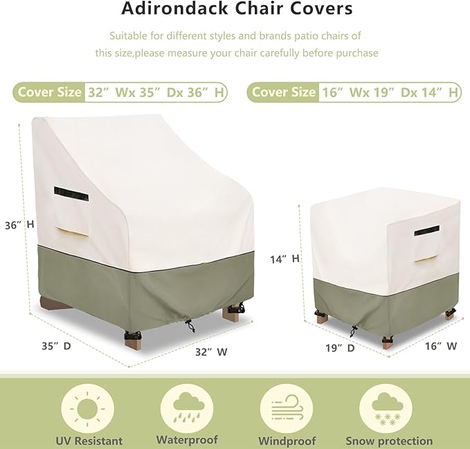 3 Pieces Adirondack Chair Sets Cover,600D Heavy Duty Waterproof Outdoor Chair Covers,Includes 2 Outdoor Adirondack Chairs Covers and 1 Patio Side Table Cover,Patio Furniture Covers 3 Piece Set,Beige