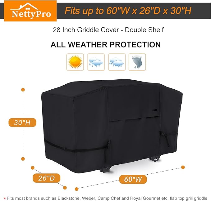 NettyPro Griddle Cover for Blackstone 28 inch Griddle, Waterproof UV Resistant 2 Burner Flat Top Gas Grill Cover 28" Cooking Station Camping, Black