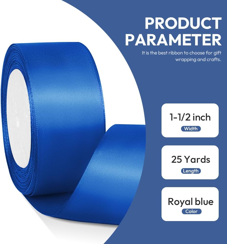 1-1/2" x 25 Yards Satin Ribbon, Royal Blue Silk Ribbon Ideal for Gift Wrapping, Floral Bouquets, Crafts, Wedding Party Decorations, Christmas and Sewing Projects