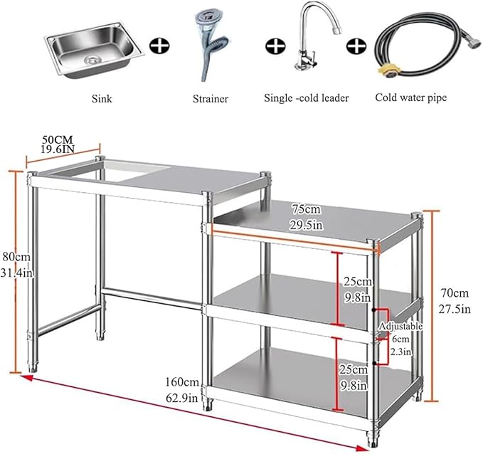 Free Standing Utility Sink, Stainless Steel Kitchen Baker Rack Shelf, Single Bowl Washing Hand Basin Station with Workbench, Fish Cleaning Table &Storage Shelves for Laundry Room, Garage,Outdoor