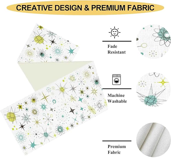 Mid Century Table Runner, Retro 1950s Atomic Pattern Modern Abstract Geometric Coffee Table Center Decor for Home Kitchen Dining Patio Holiday Party Indoor Outdoor Table Decorations, 13"x36" Inch