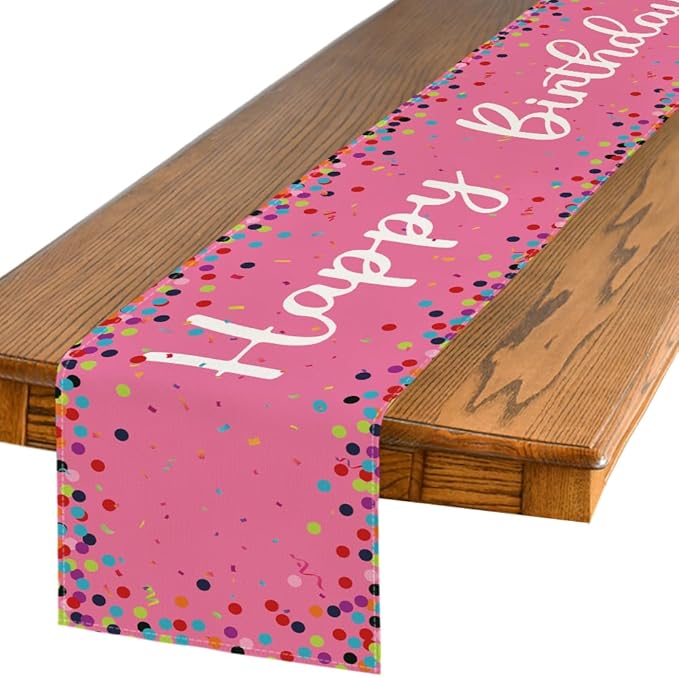 Artoid Mode Polka Dot Pink Happy Birthday Table Runner, Seasonal Kitchen Dining Table Decoration for Home Party Decor 13x36 Inch