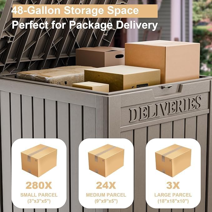 DRATO 48 Gallon Package Delivery Box, Large Lockable Storage Box, Double-Wall Resin Outdoor Package Delivery and Waterproof Deck Box for Porch, Patios（ Grey，48 Gallon）
