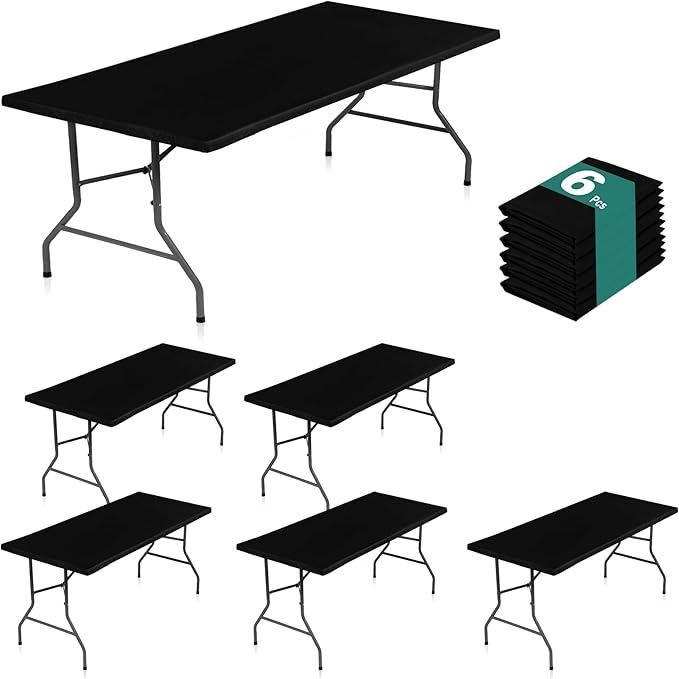LUSHVIDA 6 Packs Vinyl Tablecloths with Flannel Backing for 4ft Rectangle Folding Table Cloths - Waterproof Plastic Picnic Table Covers with Elastic Corners, 30x48 inch, Black