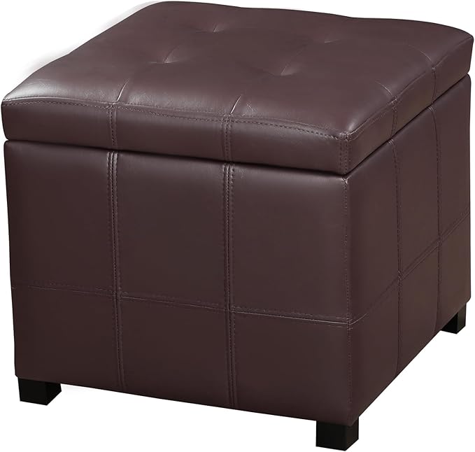 Homebeez Faux Leather Lift Top Storage Ottoman Bench with Solid Wood Frame & Tufted PU - 17.3 Inch Cube Footrest, Seat, with Metal Hinges for Living Room, Bedroom, Dorm | Coffee Brown