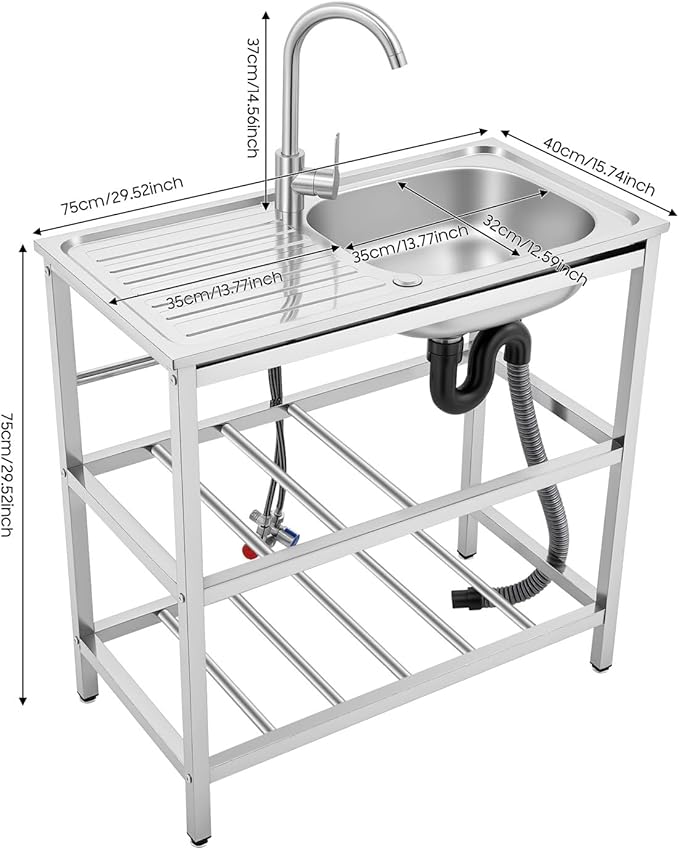 Outdoor Utility Sink, Freestanding Kitchen Sink with Faucet, Utility Sink Freestanding Single Bowl Portable Washing Hand Basin Station with 2 Tier Storage Shelves for Backyard (29.52x 15.74x 30.7in)