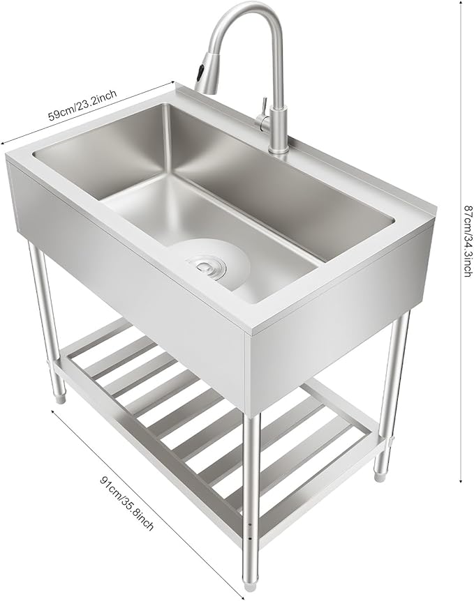 LOYALHEARTDY Stainless Steel Utility Sink 35.8" with Hose Hook Up ，Heavy-Duty Outdoor Sink Station for Laundry/Camping/Outdoor Kitchen, 201 SS Hand Washing Station & Kitchen Basin