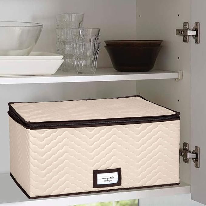Wine Glass Storage Box with Dividers - Holds 12 Glasses up to 3.75" Wide - Stemware Storage Case - Protects Fine China - Durable Quilted Microfiber Bin with Carry Handles - Ideal for White Wine
