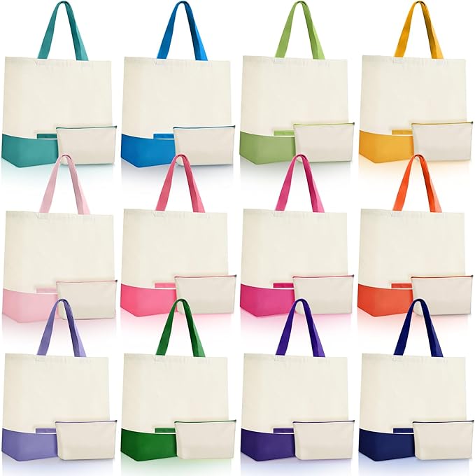 Sanwuta 24 Pcs Canvas Tote Bags Bulk with Zipper Cosmetic Bags 18.5" Cotton Canvas Bag with Handles Reusable Shopping Bags
