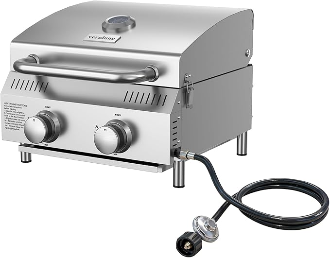 Veralune 2 Burner Tabletop Gas Grill, 20,000 BTUs Stainless Steel Portable Propane Grill with Legs, Built-in Thermometer, Travel Locks for Tailgating, Outdoor, Camping, RV Trips