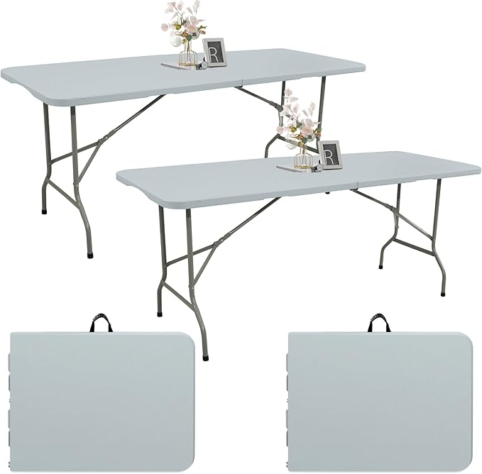 Fivenl 2 Pack 6 FT Folding Tables Grey Foldable Table, Fold-in-Half with Carrying Handle Portable Plastic Rectangular Table for Party, Dining, Wedding, Camping, Picnic, Indoor Outdoor Events