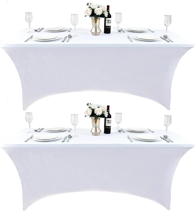 2-Pack 8ft White Spandex Table Covers for Rectangle Folding Tables - Washable Elastic Tablecloth - Ultimate Fitted Table Protector for Birthday Parties, Trade Shows, Banquet
