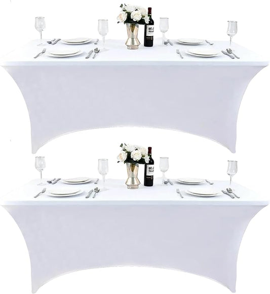 2-Pack 8ft White Spandex Table Covers for Rectangle Folding Tables - Washable Elastic Tablecloth - Ultimate Fitted Table Protector for Birthday Parties, Trade Shows, Banquet