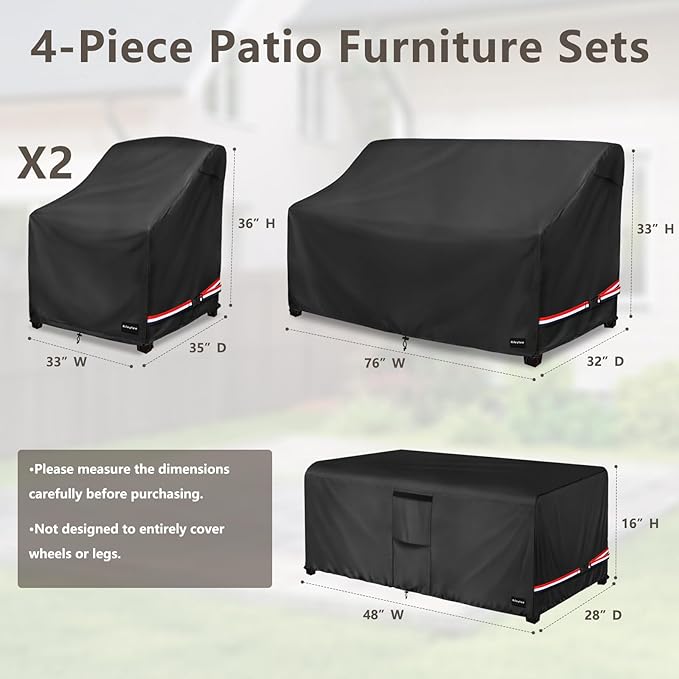 Rileytee Patio Furniture Set Covers, 4 Pcs 600D Heavy Duty 100% Waterproof Outdoor Furniture Cover, Fit Patio Loveseat, Chair and Coffee Table (Black)