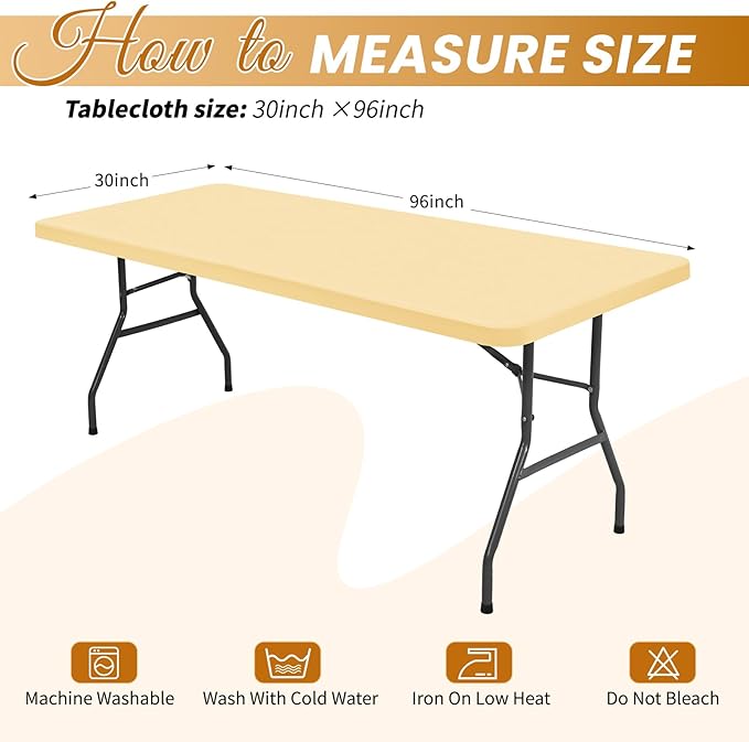 10 Pack Stretch Fabric Table Top Cap Cover, Beige Table Covers fits 8Ft Tables, Washable Elastic Universal Rectangle Tablecloth Protector for Indoor Outdoor Party Picnic Wedding (30" W x 96" L)