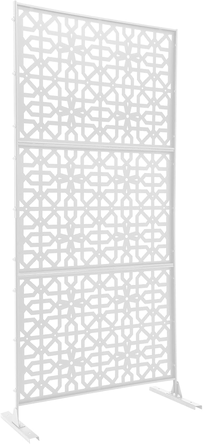 Outdoor Metal Privacy Screen with Stand, 35.4" W x 75" H Freestanding Metal Slatted Decorative Privacy Screen and Panels for Patio Garden Balcony Porch (White Polygonal)