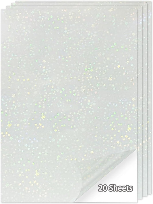 20 Sheets Holographic Sticker Paper,8.5x11 Inch Clear Printable Vinyl Sticker Papers,Self-Adhesive Waterproof for Inkjet/Laser Printer（Clear Five-Pointed Star）