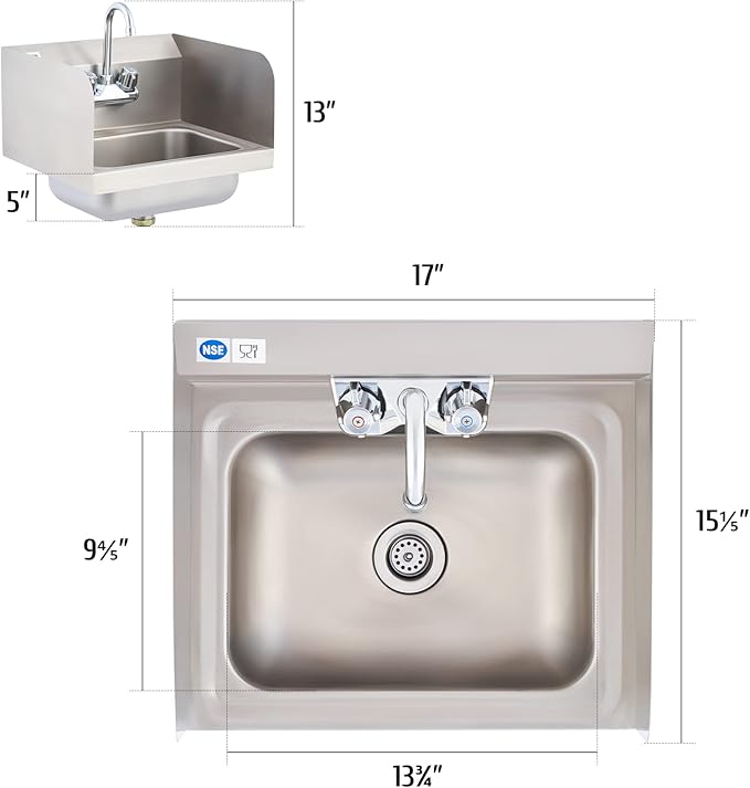 WILPREP Commercial Hand Sink, NSF Stainless Steel Sink Commercial Utility Sink with Gooseneck Faucet and Strainer, 17x15 Inch Wall Mount Kitchen Sink for Restaurant Bar RV Bathroom Laundry Room