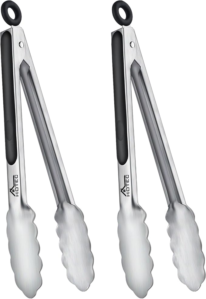 Hotec Stainless Steel Kitchen Tongs, Set of 2-9", Locking Metal Food Tongs for Cooking, Serving, BBQ, Grill Non-Slip Grip
