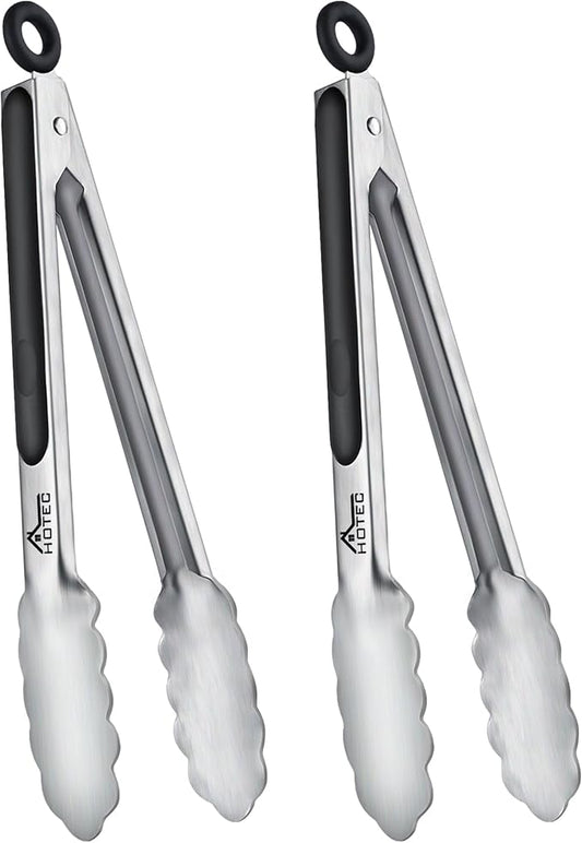 Hotec Stainless Steel Kitchen Tongs, Set of 2-9", Locking Metal Food Tongs for Cooking, Serving, BBQ, Grill Non-Slip Grip