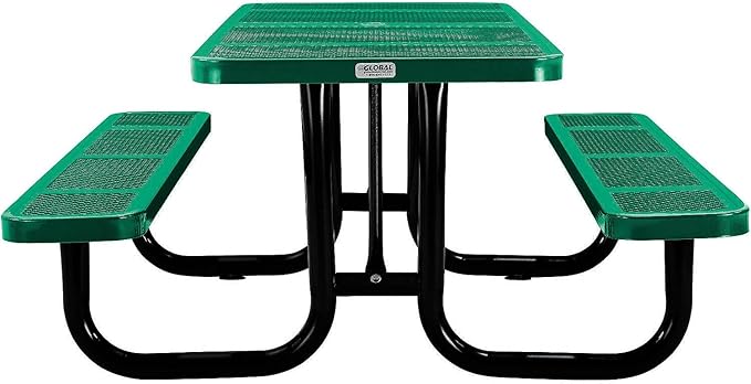 Global Industrial 72" Rectangular Picnic Table, Perforated Metal, Thermoplastic Coating, Attached Benches, 1-1/2” Umbrella Pole Hole, Outdoor-Rated, 1000 lbs Capacity, Green