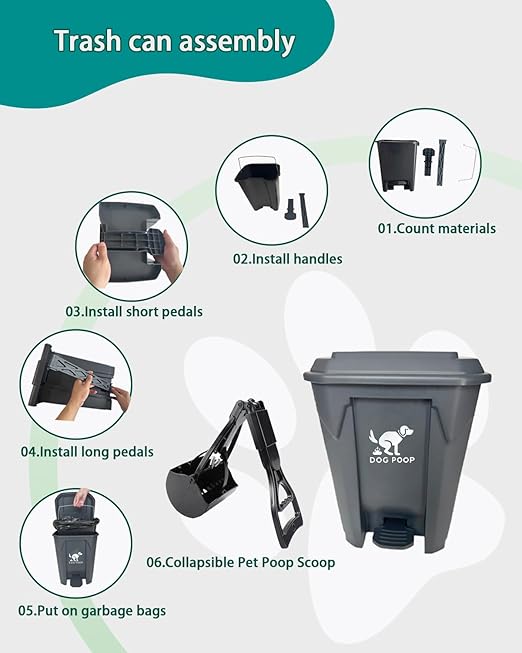 Large Dog Poop Trash Can Outdoor 20L / 5.3 Gallon with Foldable Pooper Scooper - Waterproof Pet Waste Station Set, Foot Pedal, Inner Bucket & 100 Bags for Backyard
