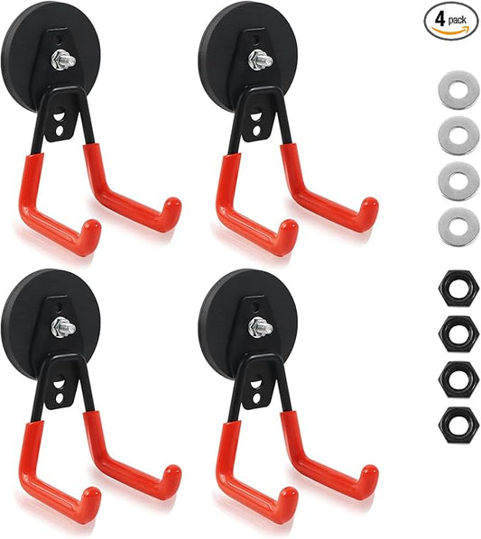 Heavy Duty Magnetic Hooks, Magnet Garage Storage Hooks 4 Pack - Orange Magnet Hooks for Hanging Tools, Garage Organization, Secure Metal Cabinet & Steel Surfaces