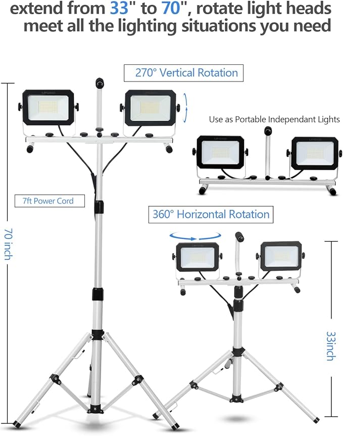 UFOND 10000 Lumen LED Work Light with Stand,Detachable Waterproof Dual Head Work Lights,Individual Switch Floodlight with TelescopingTripod,Work Lamp with Power Cord for Construction Site