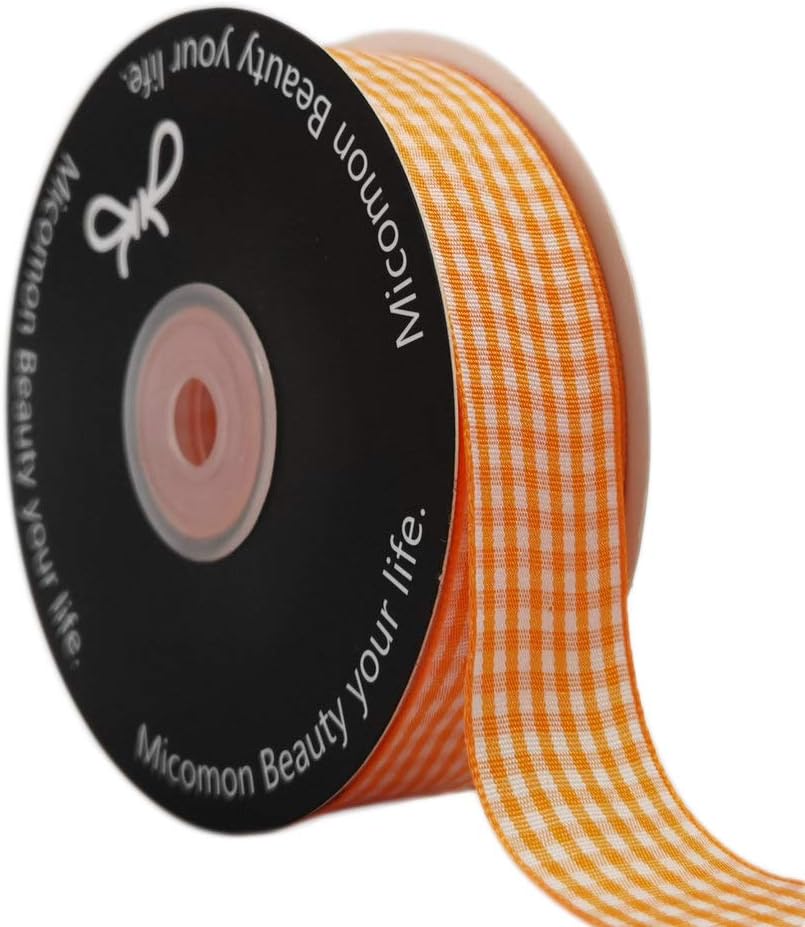 Micomon Orange Gingham Plaid Checked Ribbon 25 Yard Each Roll 100% Polyester (1", Orange)
