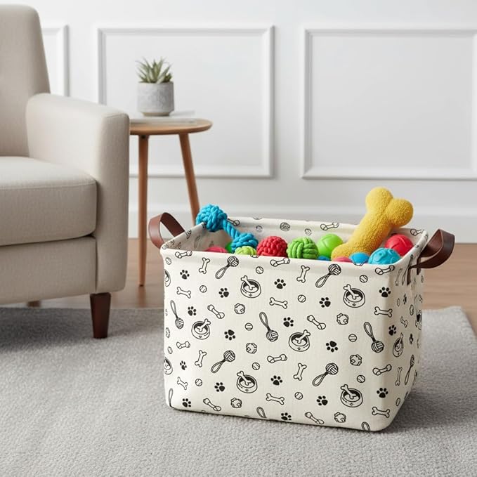 Dog Paw Storage Basket Waterproof Canvas Toy Storage Bin Storage Organizer Collapsible Outdoor Basket with Leather Handles Dog Toy Bin Blanket Baskets For Closets,Bedrooms,Gifts Baskets