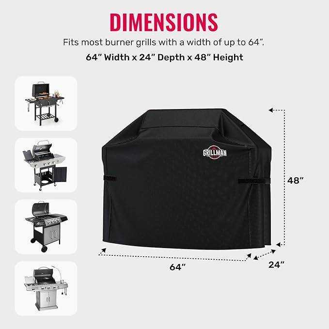 Grillman Grill Cover, BBQ Outdoor Grill Covers, Charcoal, Gas Grills, Waterproof, Rip-Proof, Weather-Resistant, Anti-UV, Barbecue Cover for Weber, Genesis, Charbroil, Nexgrill, etc (Black, 64 Inch)
