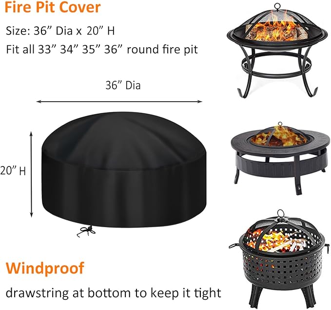 36-Inch Fire Pit Cover for 34-36 inch Round Fire Pit, Heavy Duty 300D Oxford Fabric Waterproof Dustproof Fire Bowl Cover All-Season Protection 36"Dia x 20"H