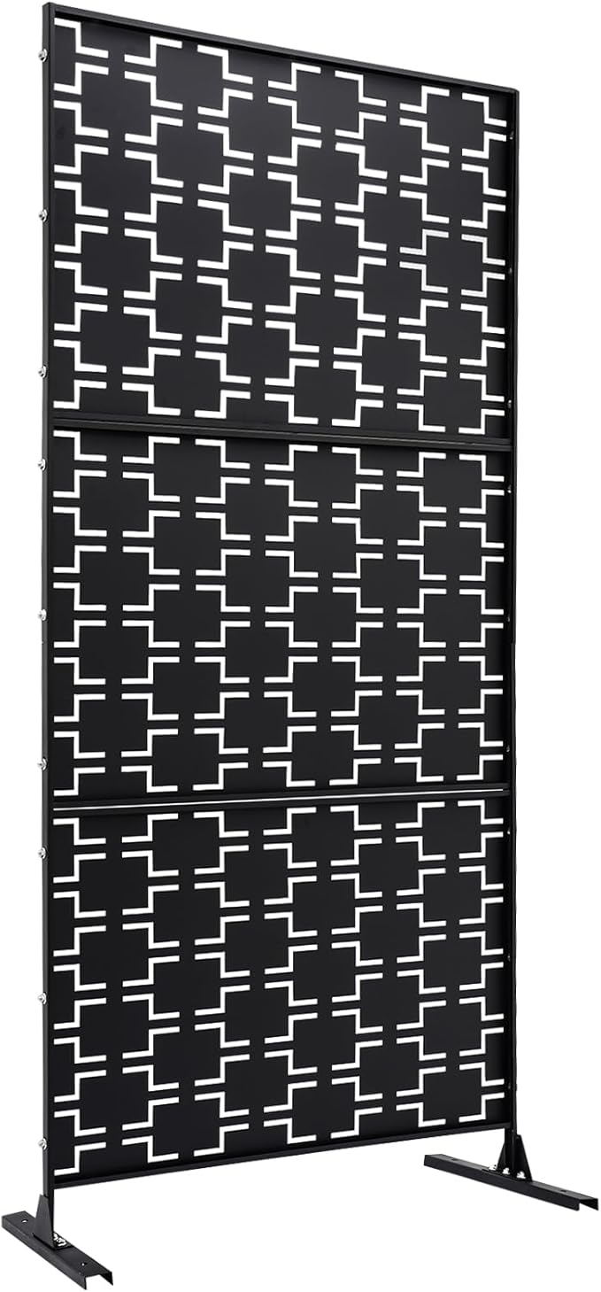 75" H×35" W Decorative Outdoor Privacy Screen with Stand, Outdoor Decor Privacy Fence Screen Metal Fence Panels, Free Standing Metal Divider for Patio Lawn Deck (Black-Rectangular)