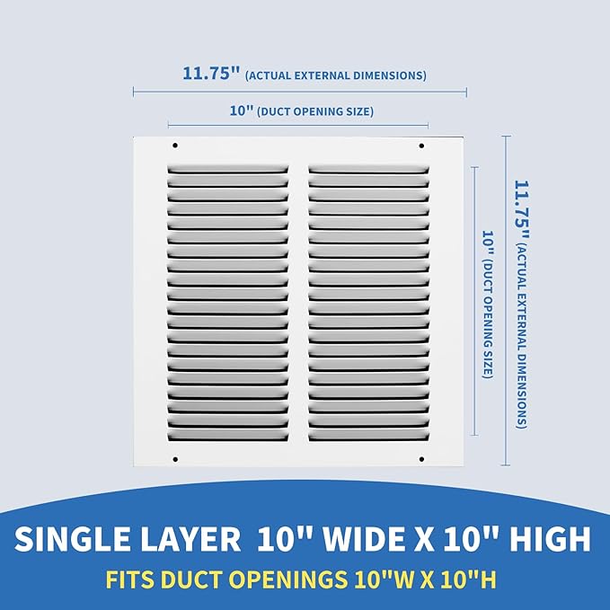 10x10 Vent Cover (Duct Opening Size), Air Return Vent Cover, AC Vent Cover, Cold Air Return Vent Cover, Flat Return Air Grilles, Outer Dimensions:11.75"W x 11.75"H (10"Wx10"H, Duct Opening)
