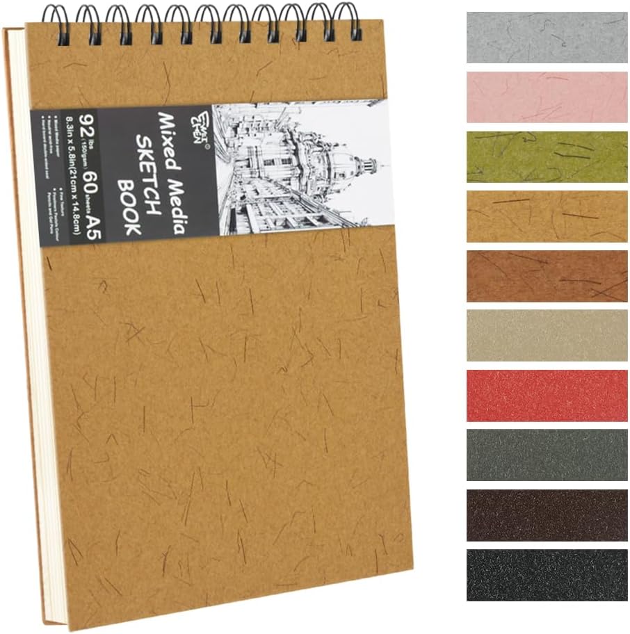 8.3x5.8 Sketch Book, Top Spiral Bound Sketch Pad, 60sheets 92lb/150gsm Nature White Paper, Acid-Free Mixed Media Paper for Painting, Dawing & Art Supplies. N-Ginger