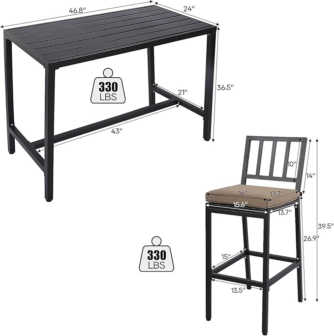 Outdoor Patio Bar Set, Bar Height Patio Dining Set, Weather-Resistant Bistro Counter Pub Set with Cushions & Slatted Tabletop for Backyard