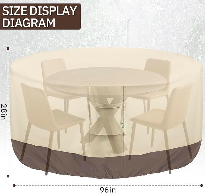Round Patio Furniture Covers, 96" DIA x 28 H Waterproof Outdoor Furniture Cover for Patio Table & Chair Sets, 600D Heavy-duty UV-Resistant Fade-Proof Protection, Beige & Brown