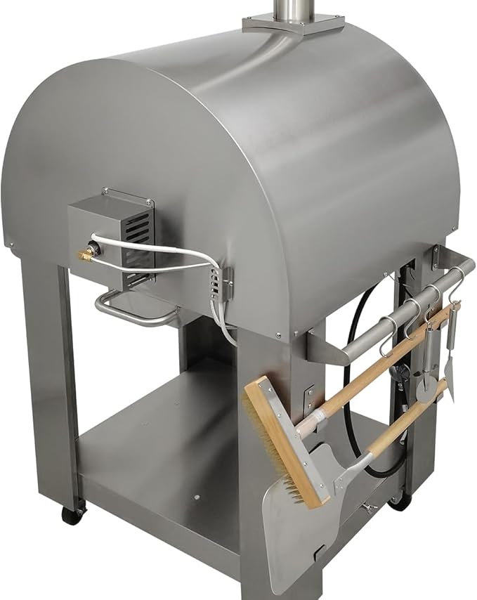 32.5" Wood Fired & Propane Gas Pizza Oven with Open Shelf and Wheels, Large Outdoor Oven for BBQ, Grilling, Stainless Steel Pizza Oven for Outdoor, Backyard and Party (Silver without Cover)