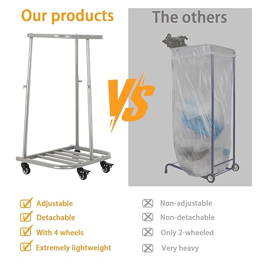 4-Wheel Trash Bag Holder, Outdoor Metal Leaf Bag Holder Stand, Garbage Bag Frame Holder, Mobile Trash Bag Holder, Adjustable Lift, Hand Welded Metal Stainless Steel Bag Support Column Frame