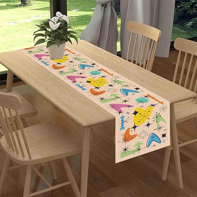 Mid Century Table Runner, Retro 1950s Atomic Minimalist Modern Abstract Geometric Colorful Coffee Table Center Decor for Home Kitchen Dining Patio Holiday Party Table Decorations, 13"x72" Inch