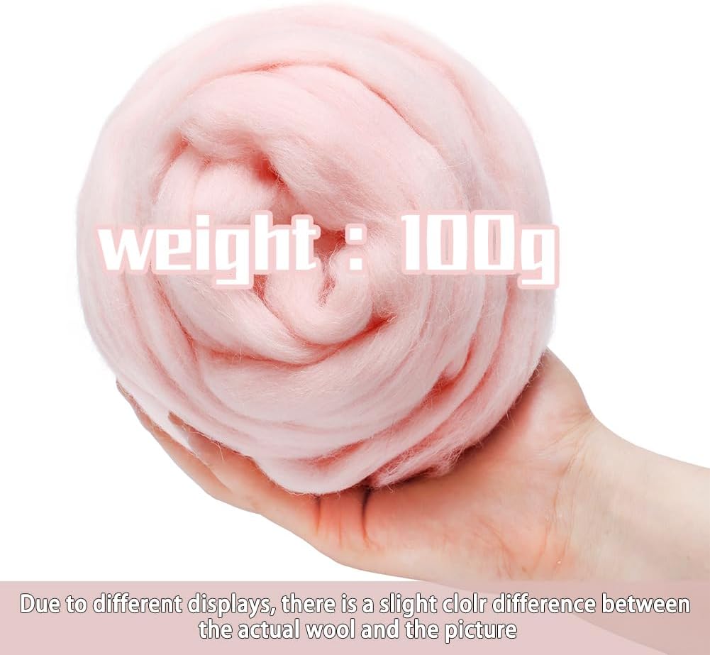 3.53oz Wool Roving Needle Felting Wool Pure Wool, Chunky Yarn, Spinning Wool Roving for Needle Felting Wet Felting DIY Hand Spinning (Meat Pink)