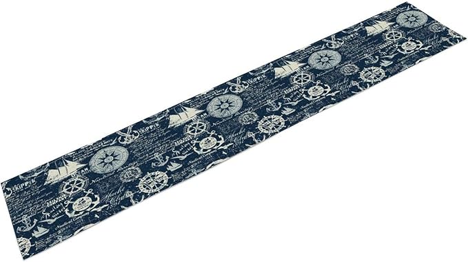 Marine Ship Table Runner, Nautical Pattern Seasonal Farmhouse Sea Rustic Kitchen Dining Table Decoration for Holiday Home Party Festival 13x70in