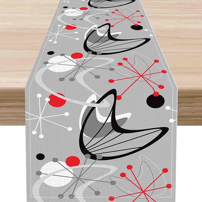 Mid Century Table Runner, Retro 1950s Atomic Minimalist Modern Abstract Geometric Gray Coffee Table Center Decor for Home Kitchen Dining Patio Holiday Party Table Decorations, 13"x108" Inch
