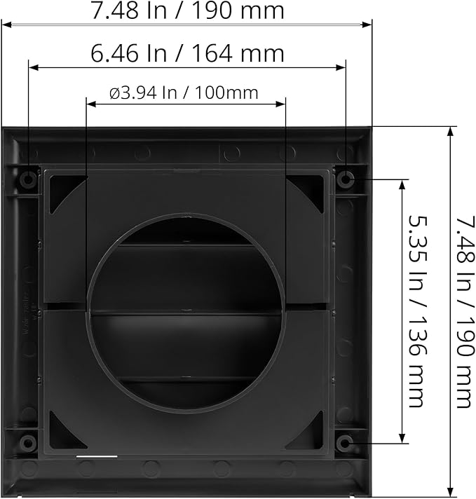Plastic 4" Black Dryer Vent Cover with Flange - Exhaust Ventilation Grille with Shutters - Louvered Air Vent for Bathroom, Kitchen, Garage Various Ventilation Systems Ø3.9" / 7.5" x 7.5"