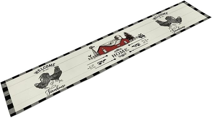 Rooster Table Runners, Black White Buffalo Plaid Rustic Cow Farm Animal Table Runner for Wedding Coffee Dining Table Party Home Farmhouse 13x60in