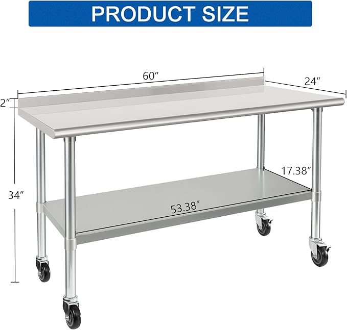 HARDURA Stainless Steel Table 24 x 60 Inches with Wheels Casters NSF Heavy Duty Commercial Prep Table with 2” Backsplash and Adjustable Undershelf for Restaurant Kitchen Home and Hotel