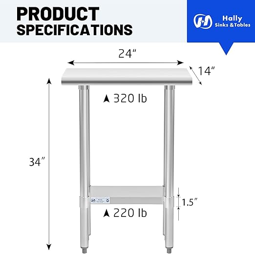 Hally Stainless Steel Table for Prep & Work 14 x 24 Inches, NSF Commercial Heavy Duty Table with Undershelf and Galvanized Legs for Restaurant, Home and Hotel